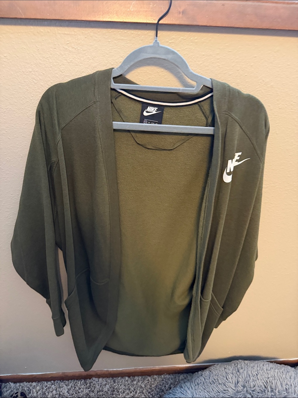(18)Nike Olive Green Open-Front Cardigan with White Swoosh